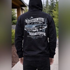 🆕 Lucky 13 Black Full Zip Hoodie Mens Medium Graphic Hot Rod Skull Back Print